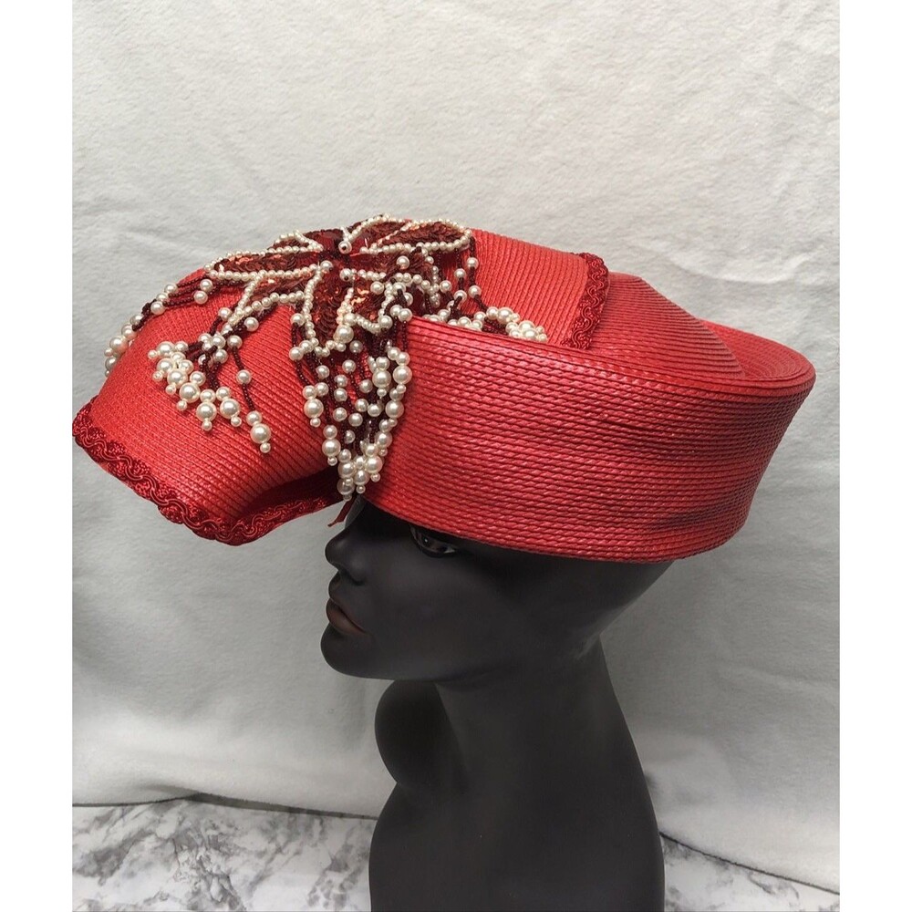 VTG Joli Flamingo Hat Red Poinsettia Sequin Beaded Flower Church Holiday Derby